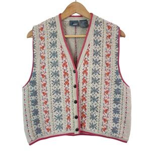 Vintage Cottage Granny Lizwear Floral Linen Cotton Pink Tan Knit Sweater Vest